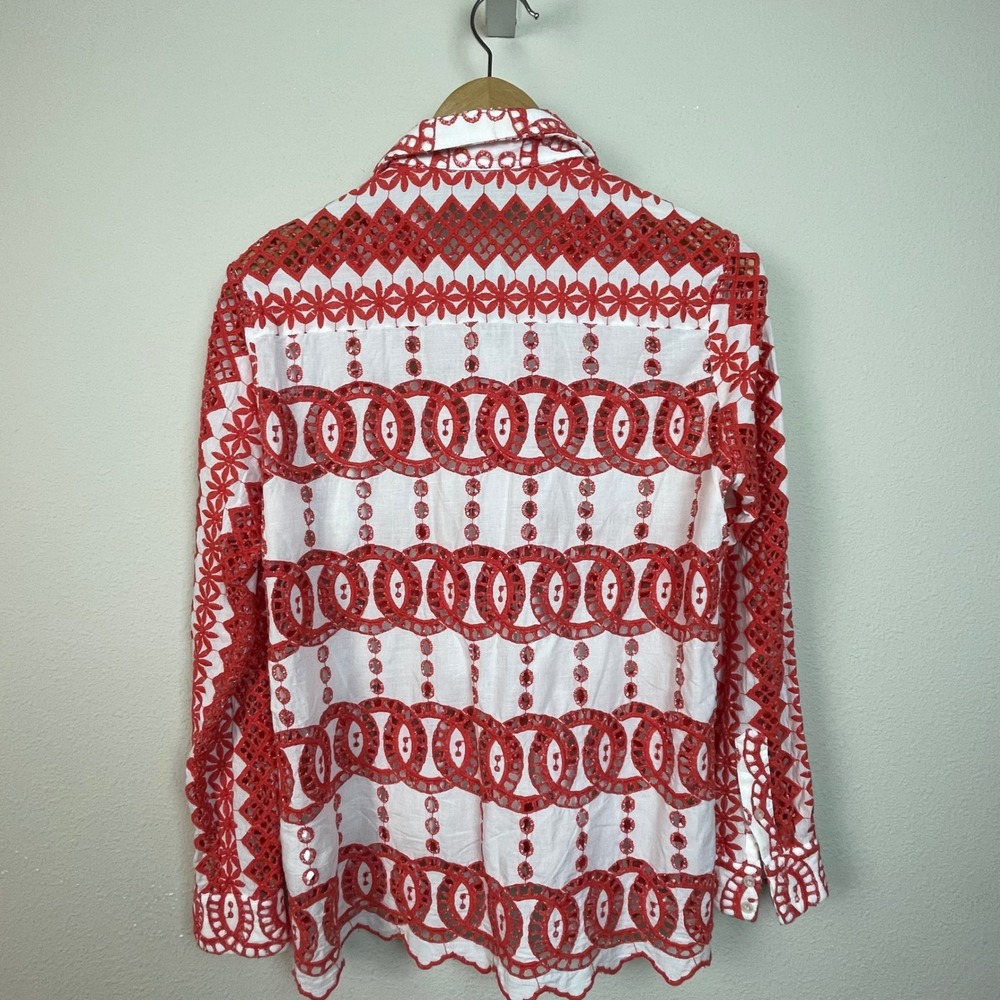 Valerie Khalfon Paris Boho Red White Eyelet Embroidered Button Up 12 Top‎ Shirt - Picture 4 of 9